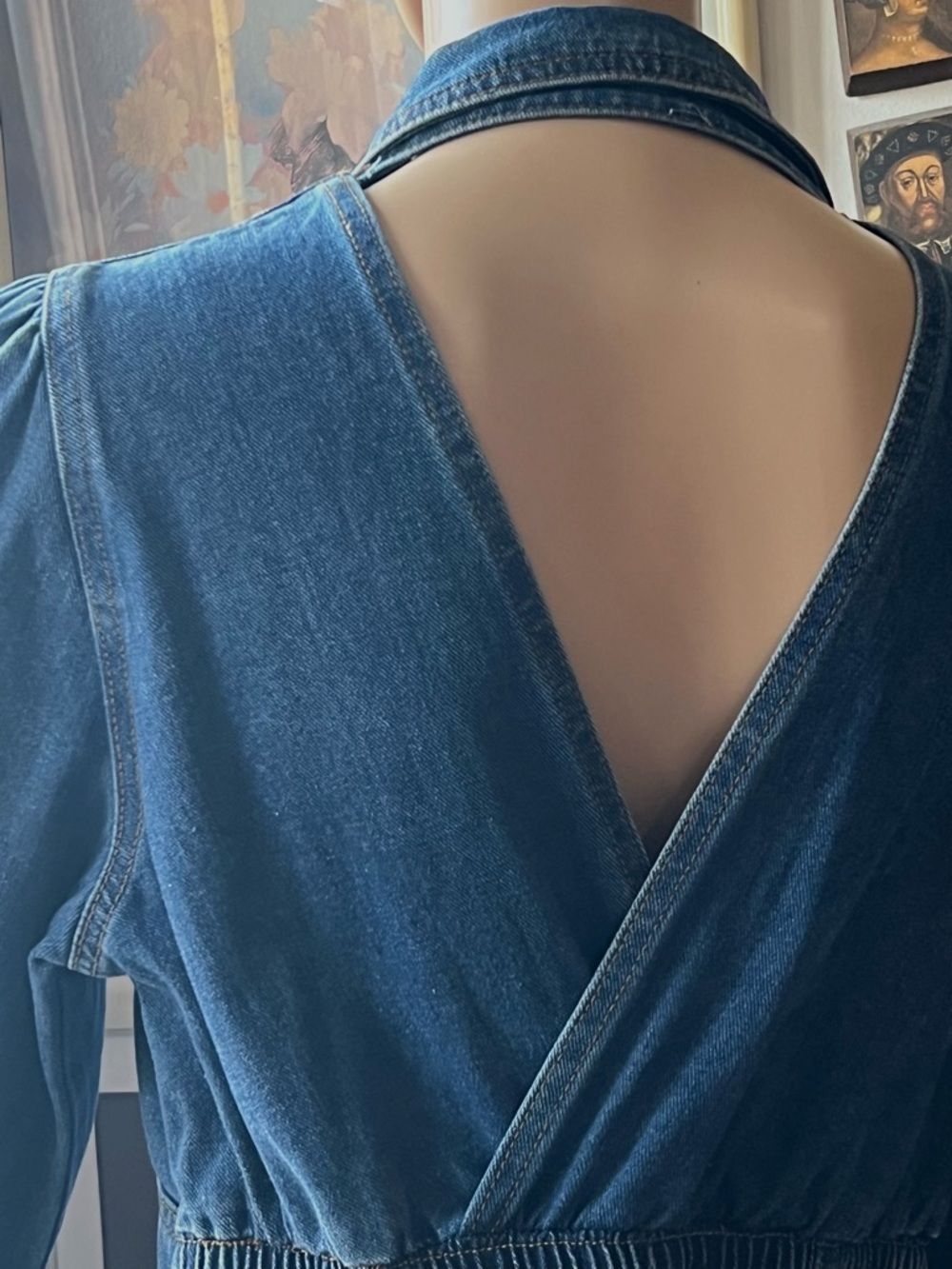 Dark Blue Denim Long-Sleeve Button-Corset Waist Open back A-line Dress - Picture 11 of 16
